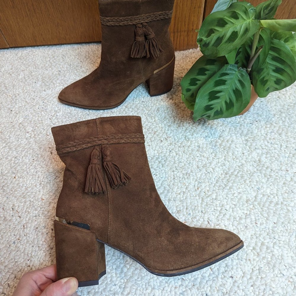 Stuart Weitzman Tazzie Suede Braided Tassel Ankle Booties